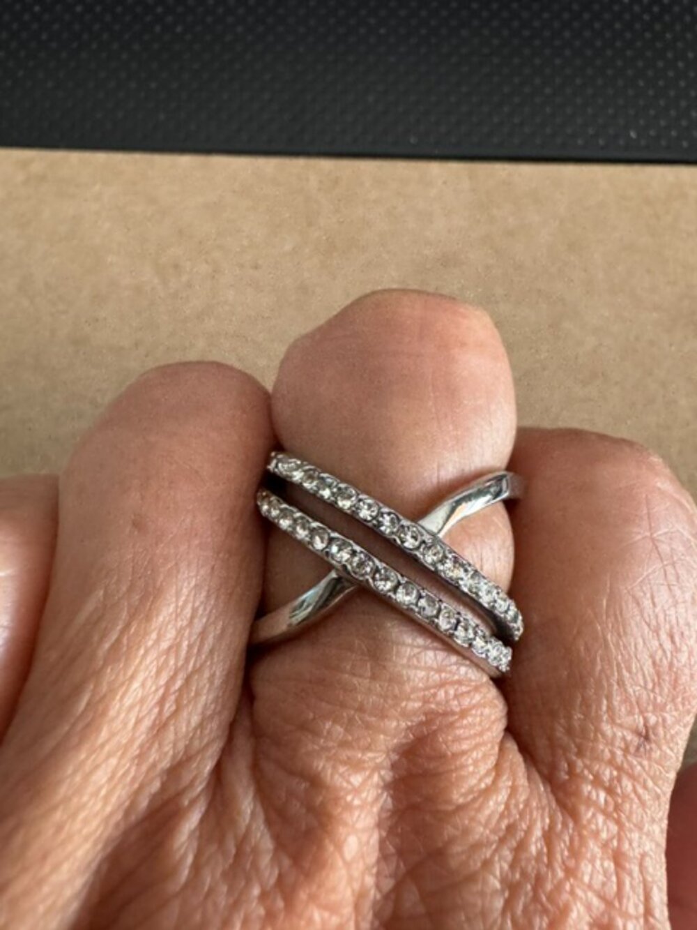 ANN TAYLOR CRISSCROSS PAVE CRYSTAL RING - SILVER TONE